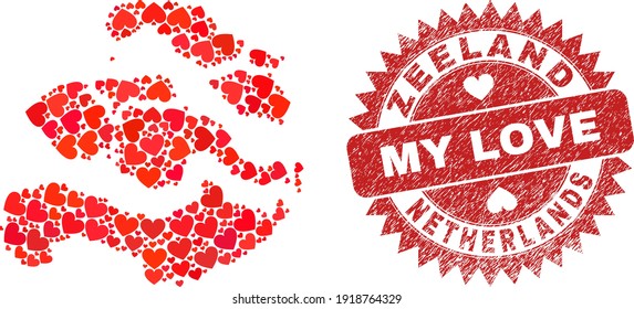 Vector mosaic Zeeland Province map of love heart items and grunge My Love seal stamp. Mosaic geographic Zeeland Province map constructed with love hearts.