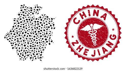 Vector mosaic Zhejiang Province map and red rounded grunge stamp watermark with serpents icon. Zhejiang Province map collage formed with ellipse spots. Red round clinic watermark, with grunge texture.