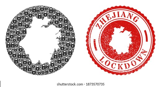 Mosaico vectorial de la provincia de Zhejiang mapa de cerraduras y estampado de sellado de LOCKDOWN. Mapa geográfico mosaico de la provincia de Zhejiang creado como forma tallada a partir de un círculo con cerraduras negras.