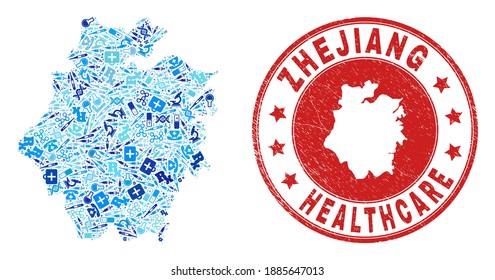 Vector mosaic Zhejiang Province map with syringe icons, receipt symbols, and grunge health care seal. Red round seal with grunge rubber texture and Zhejiang Province map text and map.