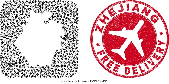Mapa de mosaico vectorial de la provincia de Zhejiang de elementos de avión de la fuerza aérea e insignia de entrega libre.