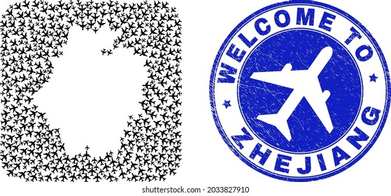 Vector mosaic Zhejiang Province map of air plane elements and grunge Welcome seal stamp. Mosaic geographic Zhejiang Province map created as carved shape from rounded square using airways.