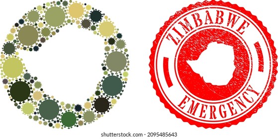 Vector mosaic Zimbabwe map of coronavirus icons and grunge EMERGENCY stamp. Mosaic geographic Zimbabwe map created as stencil from round shape with coronavirus elements in camo army colors.