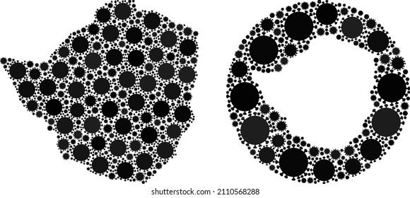 Vector mosaic Zimbabwe map of covid virus elements. Mosaic geographic Zimbabwe map created as stencil from round shape with covid items in black color hues. Template for outbreak templates.