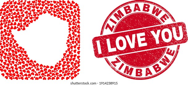 Vector mosaic Zimbabwe map of love heart items and grunge love seal. Collage geographic Zimbabwe map created as carved shape from rounded square shape using love hearts.