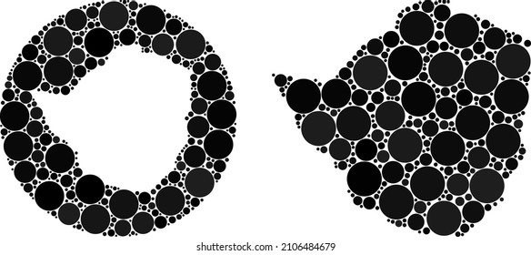 Vector mosaic Zimbabwe map of sphere dots. Mosaic geographic Zimbabwe map constructed as carved shape from round shape with round dots in black colors. Dotted vector mosaic Zimbabwe map.