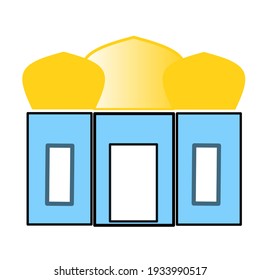 vector mosque with 3 domes, golden yellow and blue walls decorated with 2 windows and 1 door