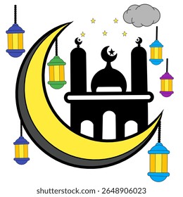 vetor de edifícios da mesquita, nuvens, lanternas e estrelas para saudações de férias