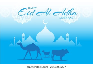 vector mosque camel cow goat lamb silhouette happy eid al adha mubarak ocean water aqua blue white sky cloud gradient background ornament arabic luxury