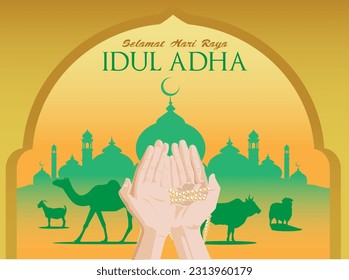 vector mosque camel cow goat lamb sheep silhouette happy eid al adha mubarak orange gold green sky cloud gradient background frame ornament arabic with hands and prayer rosary