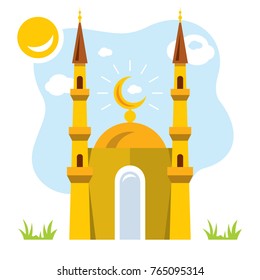 Vector Mosque. Flat Style Colorful Cartoon Illustration.