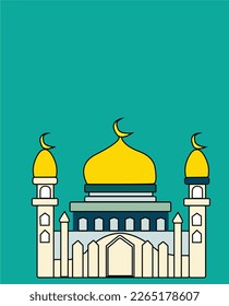 A vector mosque with golden, green, and beautiful background colors can be described as a digital illustration showing a beautiful and amazing mosque building.