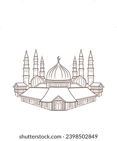 vector mosque with line art style has a large dome and high minaret with a classic feel, showing one complete building