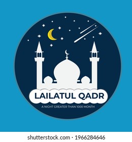 Un vector de mezquita, luna, estrellas, commet y la palabra Lailatul Qadr. El significado de Lailatul Qadr, es una noche mejor que 1000 meses.