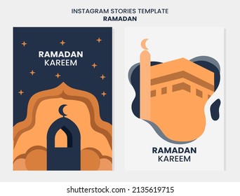 Vector of mosque muslim traditional religion place, ramadan kareem greetings with night and stars background illustration. Used for template, banner, symbol, sign, icon. Beautiful islamic decoration