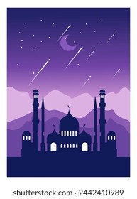 
mezquita vectorial en la noche brillante. Concepto islámico, fondo de cielo púrpura brillante, estrellas, luna creciente, meteoros, añadiendo a la belleza del paisaje natural.