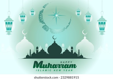 vector mosque silhouette and crescent moon star celebrate happy muharram islamic new year ornament arabic green blue white mint gradient background 