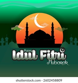 vector mosque silhouette dark green night background with orange yellow light of crescent moon and beautiful clouds celebrating happy eid mubarak
