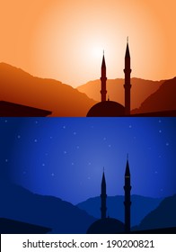Vektor-Moschee-Silhouette Tag und Nacht mit Bergen auf Hintergrund 