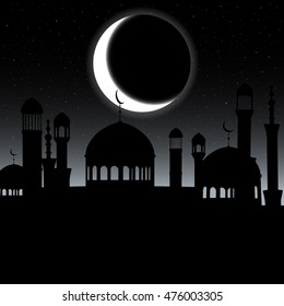 Vector mosque silhouette in night sky with crescent moon and stars