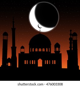 Vector mosque silhouette in night sky with crescent moon and stars