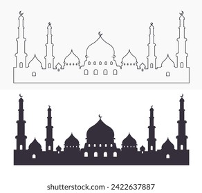 Silueta vectorial de mezquita sobre fondo blanco. Arte de la línea de mezquita. Ilustración islámica. 