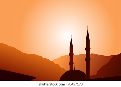 Vector mosque silhouette at sunset, with mountains on background