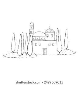 Vector mosque with trees landscape in old town of Jerusalem line ink illustration in black and white. Monochrome flat cityscape of Israel capital city and cypress plants. Arabic architecture