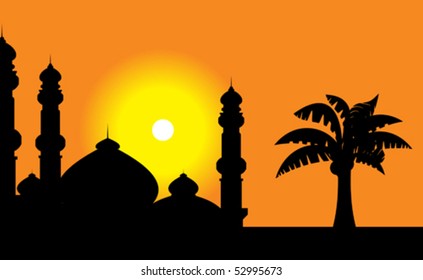 vector mosque, the mosque walls and palm trees