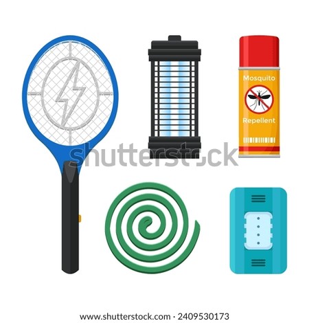 Vector of mosquito control products. Mosquito repellent, electric racket, spiral mosquito repellent coils, mosquito killer lamp.  