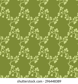 Vector Moss Green Kimono Branches Silhouette Seamless Pattern