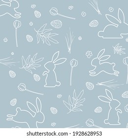 Vector most delicate drawing with decorative eggs, hares, tulips, flowers. Easter holiday blue pastel background for website, printing on fabric, gift wrap and wallpaper