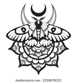 Vector moth, mystic symbol and signs with meditative mandala ornament. Witchcraft, occult, alchemical signs. Butterfly moth vintage engraved style