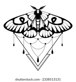 Vector moth, mystic symbol and signs with geometric ornament. Witchcraft, occult, alchemical signs. Butterfly moth vintage engraved style
