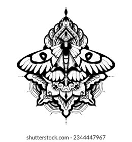 Vector moth, mystic symbol and signs with meditative mandala ornament. Witchcraft, occult, alchemical signs. Butterfly moth vintage engraved style