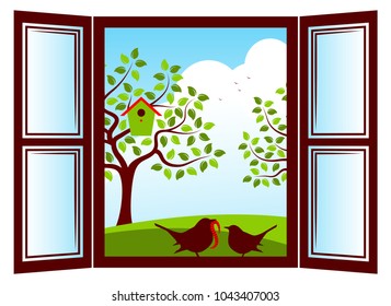 vector mother bird and baby bird in the window and trees with nesting bird box outside the window