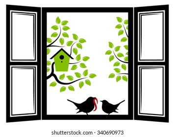 vector mother bird and baby bird in the window