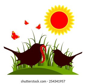 vector mother bird feeding baby bird in grass isolated on white background