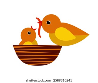 vector mother bird feeding worm to baby bird in nest isolated on white background