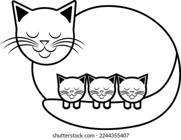 Vector mother cat with kittens. Icon cat with three kittens.