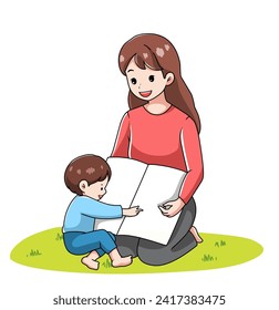 vector mother and child are learning and teaching