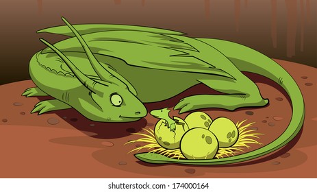 vector mother dragon and the little dragon who has hatched from egg