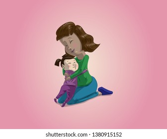 Vector of mother hugging her daughter
