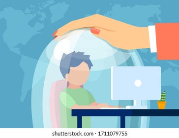 Vector Of A Mother Keeping A Child In A Glass Dome While He Is Browsing Web. Safe Internet Surfing For Kids Concept 