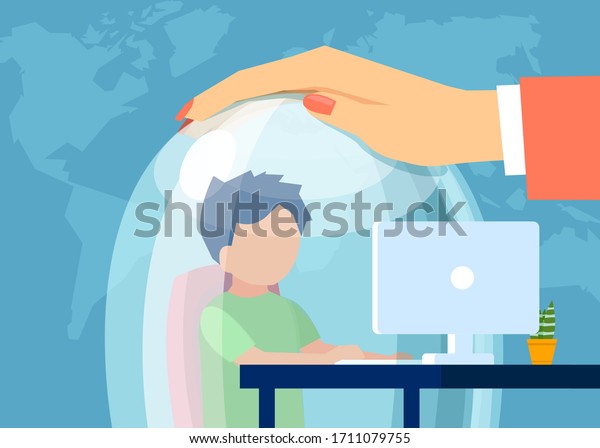 Vector of a\
mother keeping a child in a glass dome while he is browsing web.\
Safe internet surfing for kids concept\
