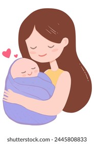 Vector of a mother lovingly hugs her baby wrapped in a blanket. Happy Mother`s Day Greeting Card.
