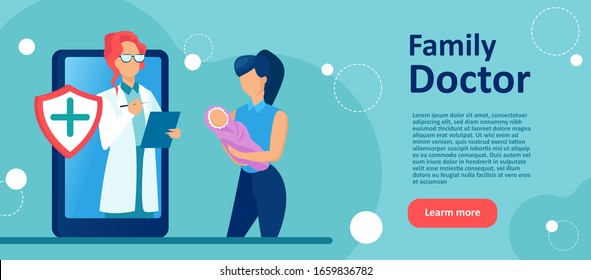 Vector of a mother with a newborn child being counseled by a pediatric doctor online