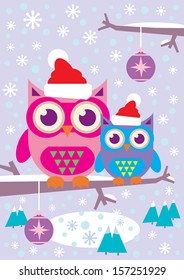 A vector of a mother owl and  child owl, wearing Christmas hats sitting on a tree branch. The background is snowy and seasonal.