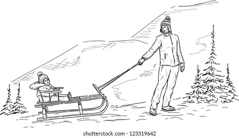 vector -  Mother pulling son on sledge at mountains