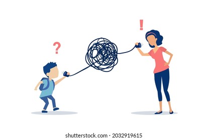 Vector of a mother talking through messy tangled phone line to her son. Bad communication, misunderstanding concept